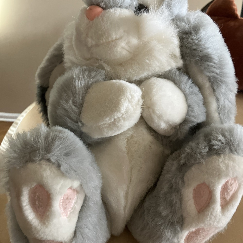 Vtg 1988 Chrisha Playful Plush Bunny Rabbit Gray White Long Ears Chubby Easter